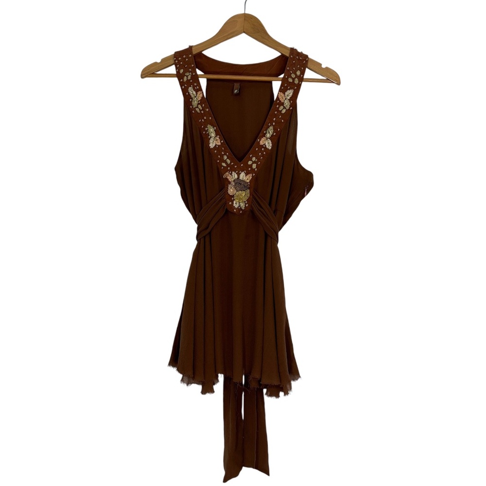 Mint Women’s Size 6 Small Brown Embroidered Low V Neck Tie Waist Boho Blouse